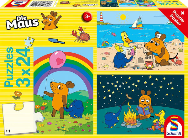 Schmidt Spiele 56212 Mouse, prieteni buni, 3X24 piese puzzle pentru copii, albastru