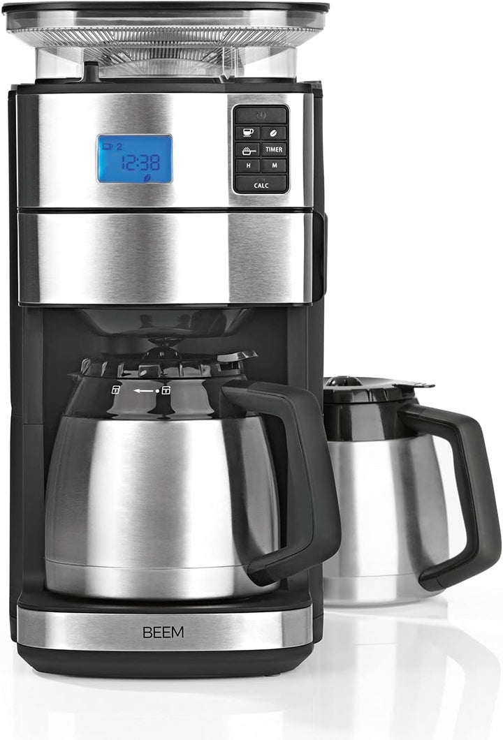 BEEM FRESH-AROMA-PERFECT II Cafetieră cu filtru și râșniță - Termo | Oțel inoxidabil | Ulcior termo | Cronometru 24 ore | 1000 W | Recipient pentru boabe 180 G