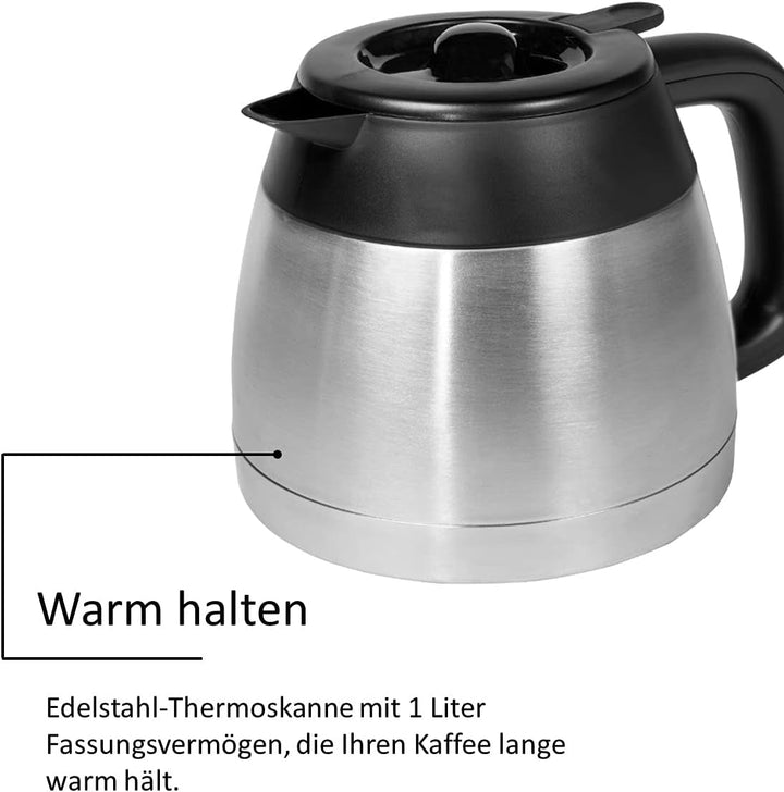 Exquisit KA 6501 Sw | Cafetiera | 800 Watt | Cafetiera cu filtru | Ulcior termos | Dop de picurare | Cafetieră din oțel inoxidabil | Negru