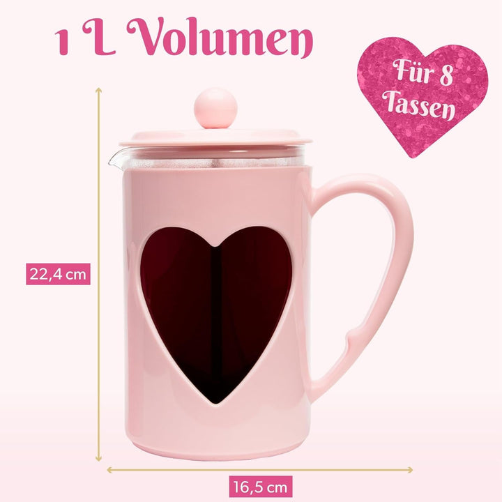 Paris Hilton - Presă franceză în formă de inimă 1 litru - Presă de cafea din sticlă și plastic cu filtru din oțel inoxidabil, mâner cool-touch, fără picurare, rezistent la temperatură, roșu sau roz