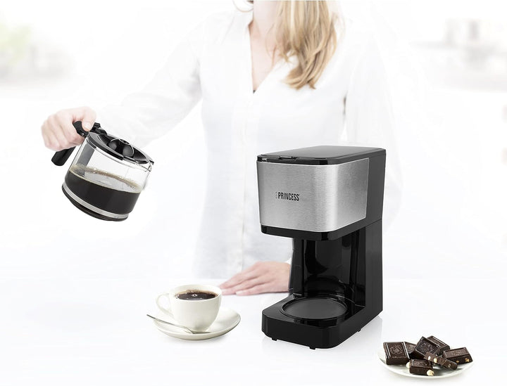 Cafetiera cu filtru Princess - ulcior de sticlă de 0,75 litri, 8 cești, oțel inoxidabil Cu filtru permanent, 600 Watt, 246030, negru, argintiu