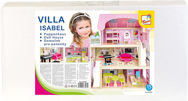 Bino World of Toys Casă de păpuși cu balcon, Jucărie pentru copii mici de la 3 ani, cu 3 etaje, scări, 4 camere și balcon incl. 15-TLG. Accesorii, Pentru a promova abilitățile copiilor, Design roz