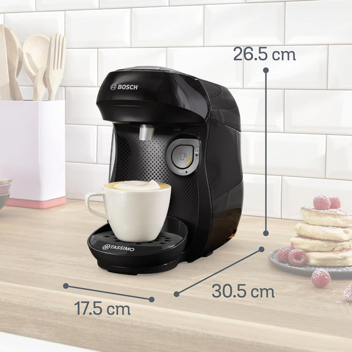 Espressor cu capsule Bosch Tassimo Happy Friendly TAS102E, Peste 70 de băuturi, Potrivit pentru toate tipurile de căni, Oprire automată, Sustenabil, Dozare perfectă, Economie de spațiu, 1400 W, Negru