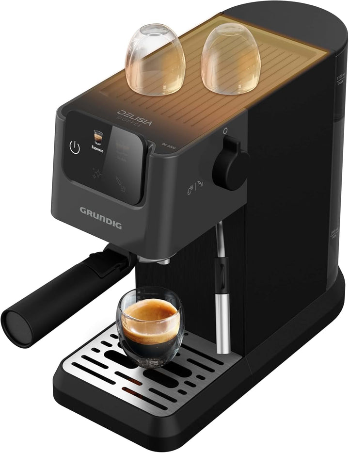 Espressor GRUNDIG KSM 4330 cu filtru portabil și spumator de lapte, pentru cafea măcinată, rezervor de apă detașabil, ecran tactil, putere 1628 W, funcție de memorie, negru