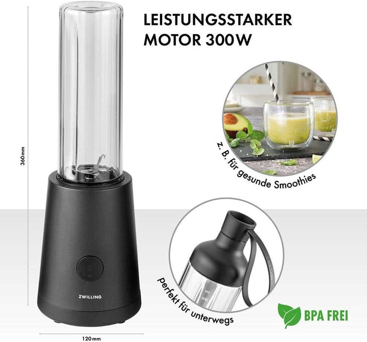 ZWILLING Standmixer, Smoothie Maker, Inkl. Trinkflasche Mit Verschluss, 600 Ml, 300 Watt, Edelstahl/Kunststoff, Schwarz