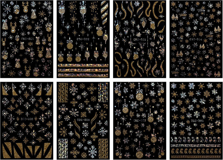 JMEOWIO Nagelsticker Weihnachten Gold Glitter Silber 8 Blatt Nail Art Sticker Selbstklebend Nagelaufkleber Schneeflocke Winterurlaub Dekoration Nageldesign Zubehör