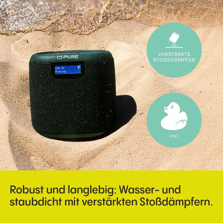Pure Woodland Mini boxă de exterior cu Bluetooth și radio DAB+/FM (impermeabil IP67, robust, portabil, baterie 14H, perfect pentru grădină și camping) Verde