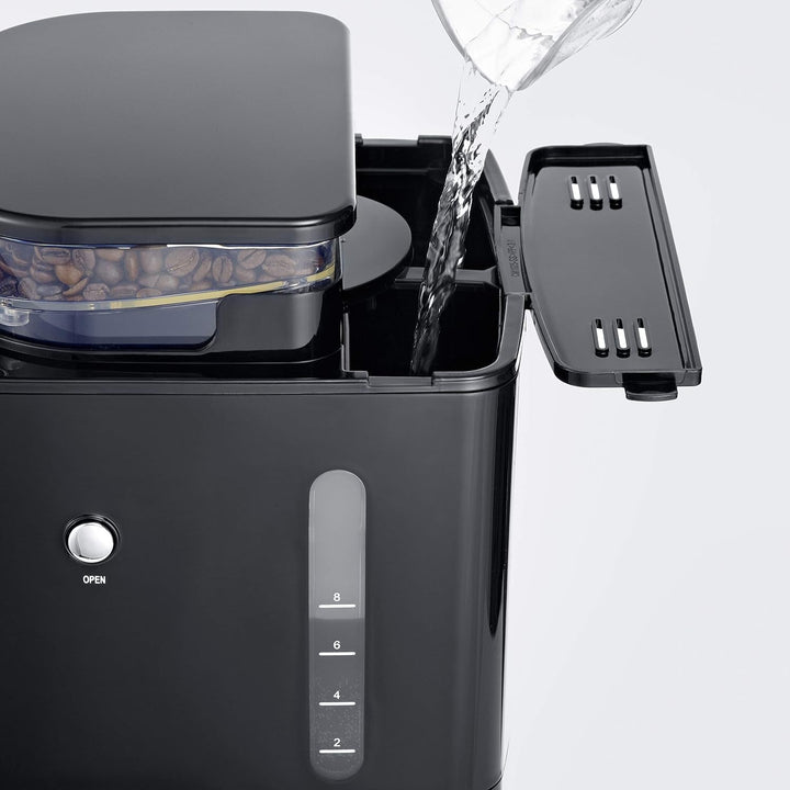 SEVERIN Filtru de cafea cu râșniță din oțel inoxidabil și ulcior termo, măcinare fină și nivel de măcinare selectabil individual, 1000 W, pentru până la 8 cești / Aprox. 1 litru, negru, KA 4814
