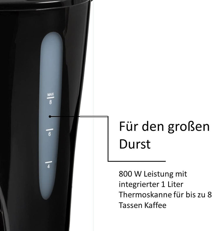 Exquisit KA 6501 Sw | Cafetiera | 800 Watt | Cafetiera cu filtru | Ulcior termos | Dop de picurare | Cafetieră din oțel inoxidabil | Negru