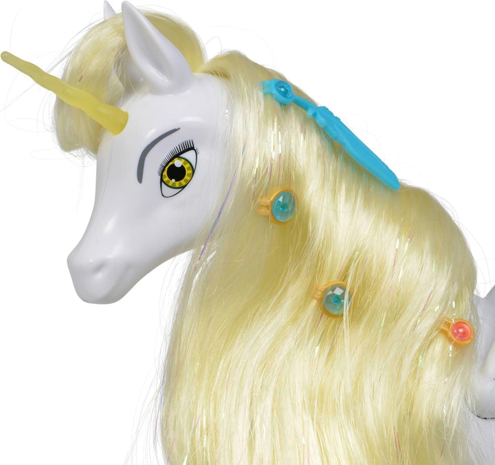 Simba 109480093 - Mia and Me Unicorn Onchao, Cu aripi mobile, agrafe de păr, perie pentru coafat, cal de joacă, ponei, Centopia, de la 3 ani, roz
