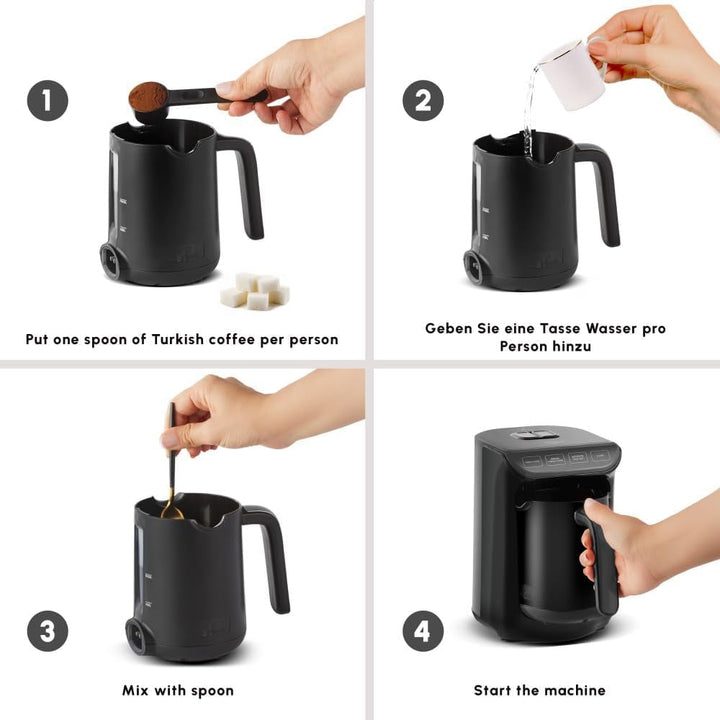 Cafetieră turcească Karaca HatÄ±r Köz, capacitate 300 ml, prepară 5 cești de cafea turcească, oprire automată și control al temperaturii, aromă autentică de cărbune, 535 W, alb