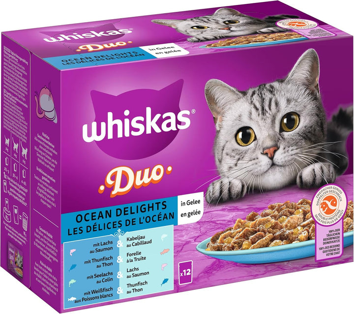 WHISKAS Duo pungi porționate pentru hrană umedă multipack, Delicii oceanice în jeleu, 12 X 85G
