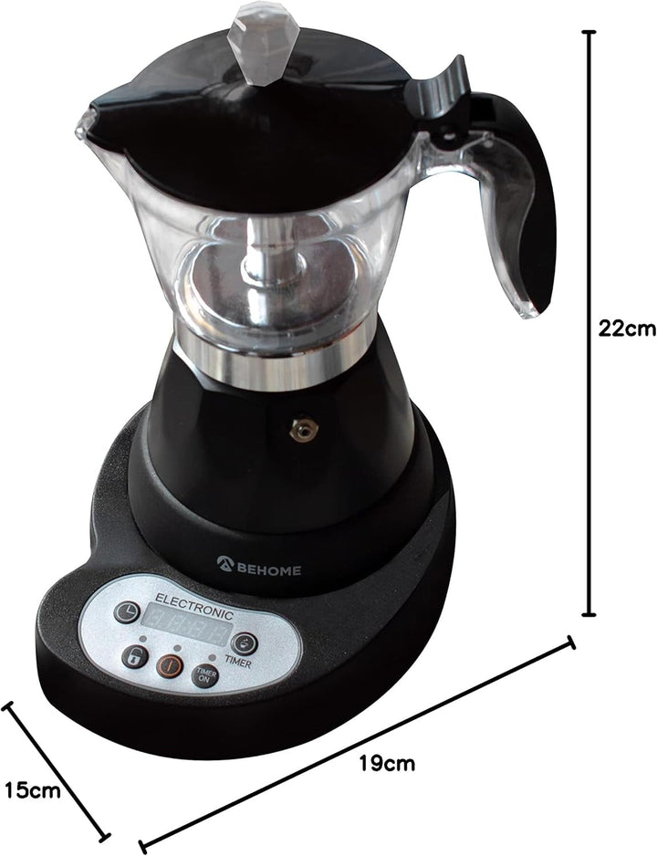 Cafetieră electrică italiană cu 3 căni, cafetieră electrică programabilă Mocha cu temporizator, oprire automată, cafea fierbinte timp de 30 de minute, aluminiu negru (cu temporizator)