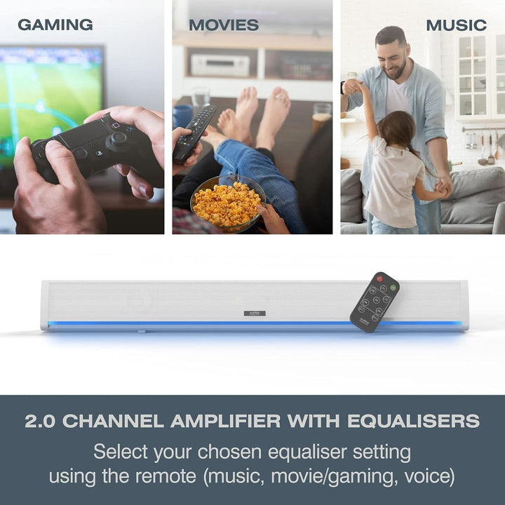 Audible Fidelity Soundbar Für Tv-Geräte Mit Bluetooth, Lautsprecher Für TV, PC, Gaming Mit Rgb-Led-Display, Air Tube & 2.0 Kanal-Verstärker, Fernbedienung (Weiß)