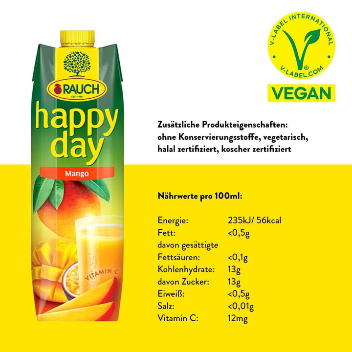 Rauch Happy Day Mango | Băutură rafinată cu fructul pasiunii | O mulțime de vitamina C | 6 x 1 litru, Tetra Prisma