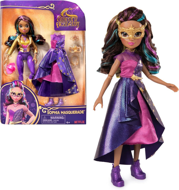 Unicorn Academy Deluxe Masked Ball Sophia - păpușă de 24 cm din popularul serial Netflix cu 2 ținute, dress-up clasic și joc de rol, vârsta 4+