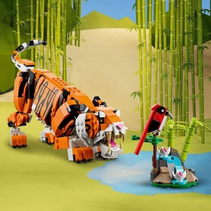 LEGO 31129 Creator Majestic Tiger, Panda sau Pește, set 3 în 1 de figuri de animale, jucărie pentru copii, băieți și fete, jucărie de construcție cu animale