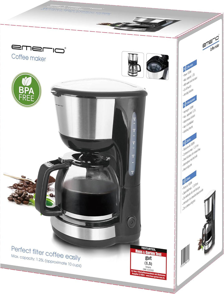 Emerio CME-122933, Cafetieră cu filtru, 1,25 l pentru până la 10 cești de cafea proaspătă, filtru permanent detașabil, funcție anti-picurare, cafetieră din sticlă, oprire automată, 1000 wați, negru/argintiu