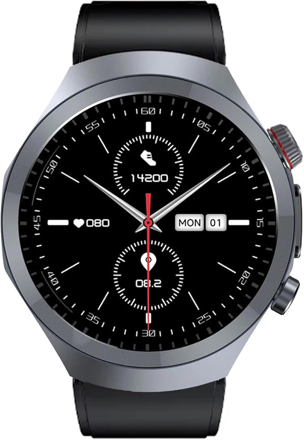 PRO 3 Plus rotund (2025), ceas de sănătate smartwatch cu funcție de telefonie, ECG toracic plus HRV și funcție SOS, ecran AMOLED- BT Bluetooth, apnee de somn, curea de silicon negru, 14-24