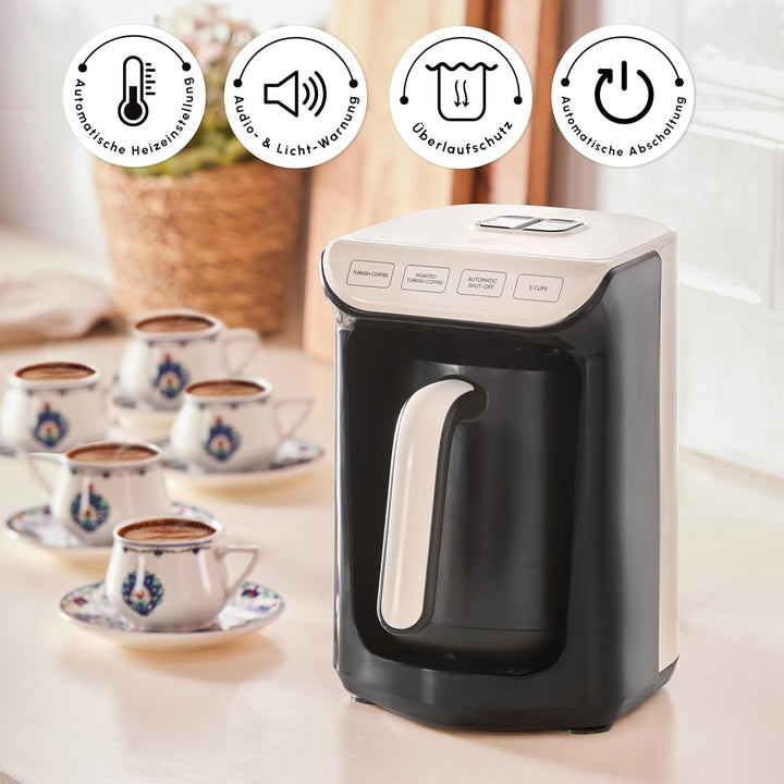 KARACA HatÄ±r Roast filtru de cafea turcească Cream Capacitate de 5 cești Multă spumă, 535W, Sistem de alarmă vocală,; Sistem de avertizare luminoasă, Lingură de măsurare, Curățare ușoară