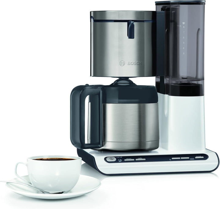 Bosch filtru de cafea Styline TKA8A681, senzor de aromă, cană termo din oțel inoxidabil 1,1 L, pentru 8-12 cești, oprire automată, sistem de detartrare, opritor de picurare, rezervor de apă detașabil (1 L), 1100 W, alb