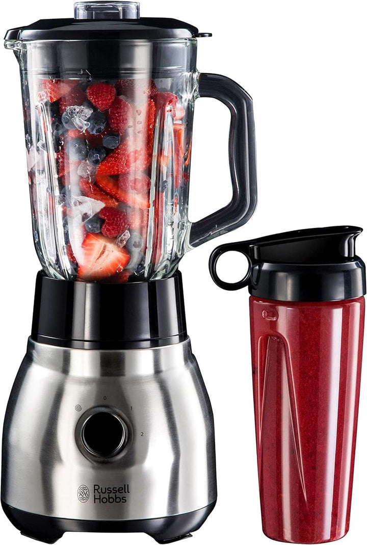 Russell Hobbs Standmixer 2-In-1 [1,5L Glasbehälter Mixer & 0,6L Mini Smoothie Maker -To-Go-Trinkflasche Inkl. Deckel] Spülmaschinenfest, Impuls-/Ice-Crush Funktion, Becher BPA Frei, Edelstahl 23821-56