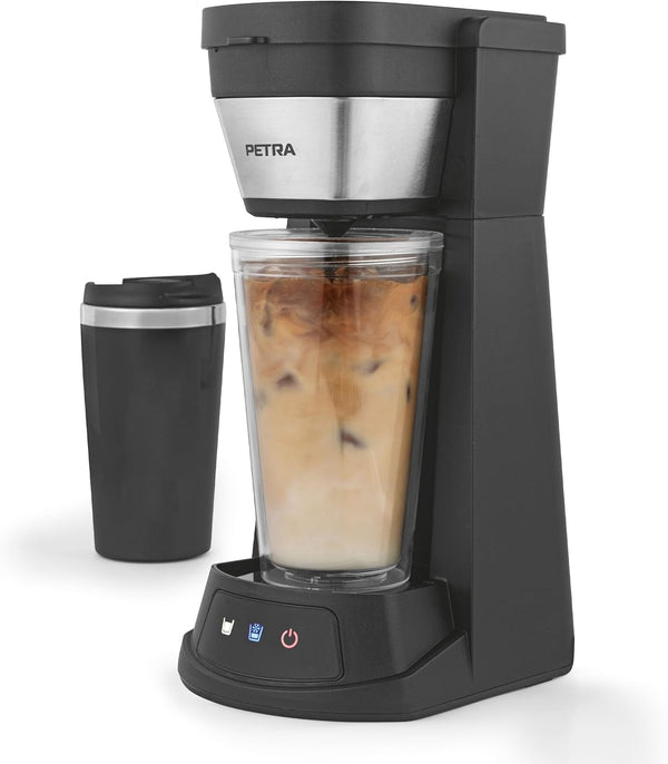 Petra 2 în 1 Iced Coffee Maker - Espresso Cold Brew Machine, cană de călătorie 420Ml, pahar cu paie 440Ml, compatibil cu pudră de cafea / tampoane, filtru de plasă reutilizabil, 700W, PT6214VDE