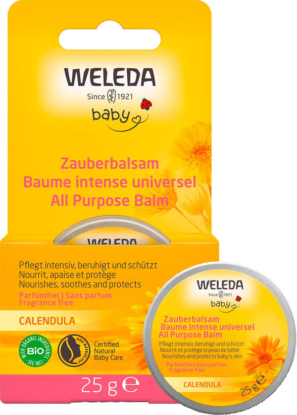 WELEDA Organic Baby Calendula Magic Balm - Balsam universal de cosmetice naturale pentru față și corp pentru îngrijirea și calmarea pielii și buzelor uscate. Balsam bogat universal pentru bebeluși și copii (1x 25g)