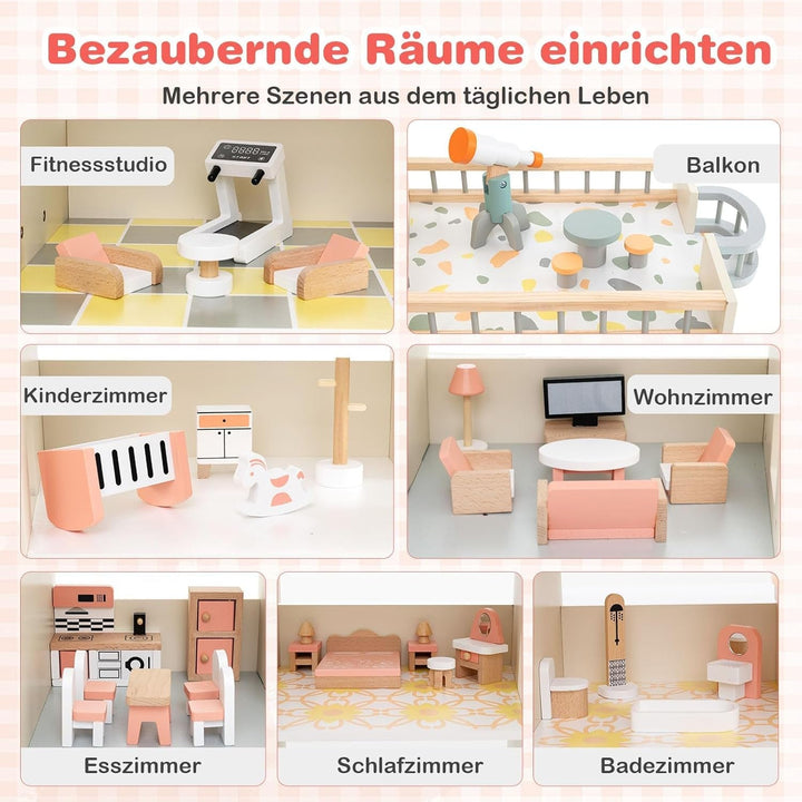 Casă de păpuși din lemn FANTASK, casă de păpuși 94 cm înălțime cu 41 de piese de mobilier și accesorii, vilă de păpuși cu 6 camere, terasă și garaj, cadou pentru fete de la 3 ani