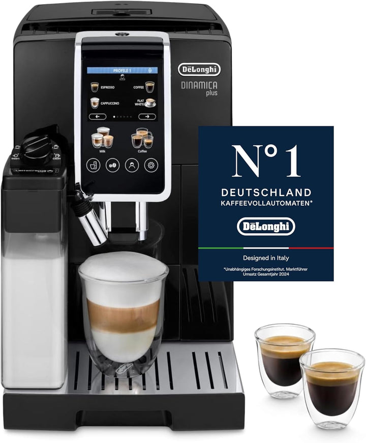 De'Longhi Dinamica plus ECAM 370.70.B Aparat de cafea complet automat cu sistem de lapte Lattecrema, cappuccino și espresso, afișaj color TFT cu ecran tactil de 3,5 inchi și control prin aplicații, funcție cafetieră, negru