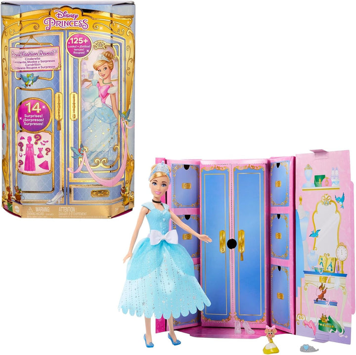 Mattel DISNEY Princess Cinderella - Păpușă mobilă cu costum strălucitor, pantofi și diademă detașabile, păr pieptănabil pentru distracție la coafor, pentru copii de la 3 ani în sus, HLW06