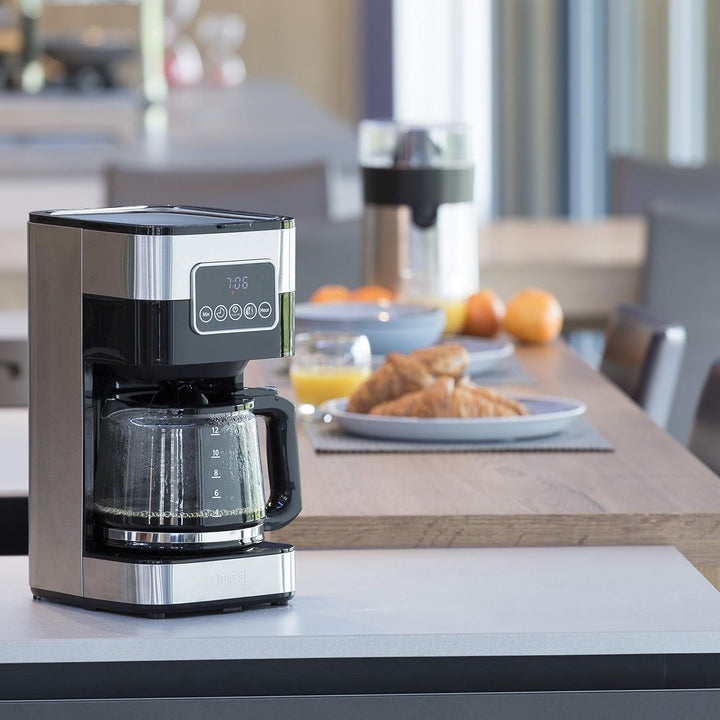 Cafetiera cu filtru Gastronoma Trebs 24100 - Până la 12 cești cu o capacitate de 1,5 litri - Programabilă - Oprire automată - Stop picurare - Afișaj tactil LED - Design din oțel inoxidabil / negru
