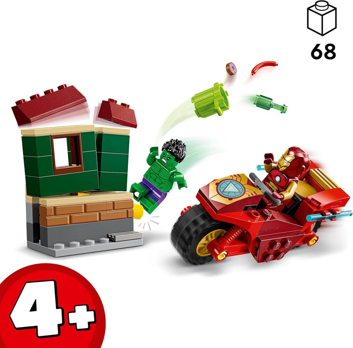 LEGO Marvel Iron Man cu bicicletă și Hulk, jucărie de construit supereroi pentru copii, set de colecționat cu bicicletă și minifigurine, cadou pentru fete și băieți de la 4 ani 76287