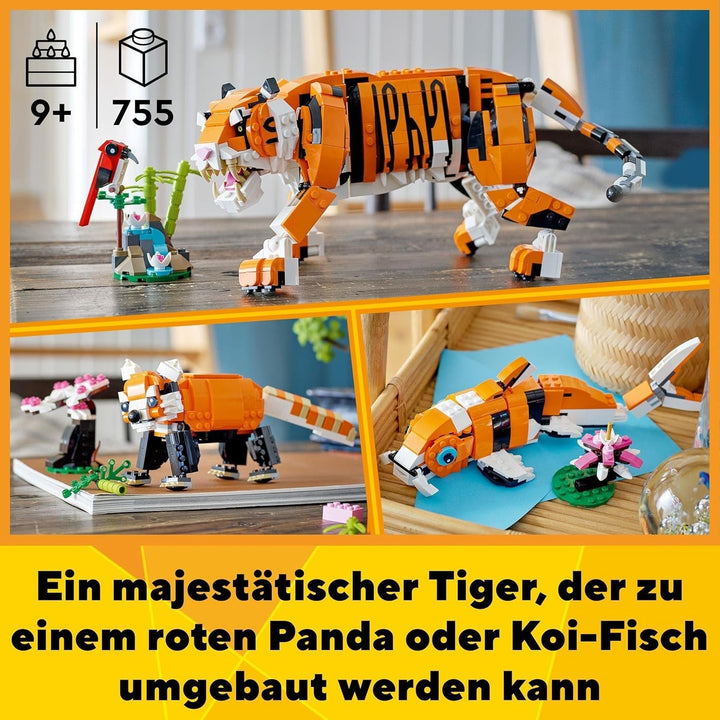 LEGO 31129 Creator Majestic Tiger, Panda sau Pește, set 3 în 1 de figuri de animale, jucărie pentru copii, băieți și fete, jucărie de construcție cu animale