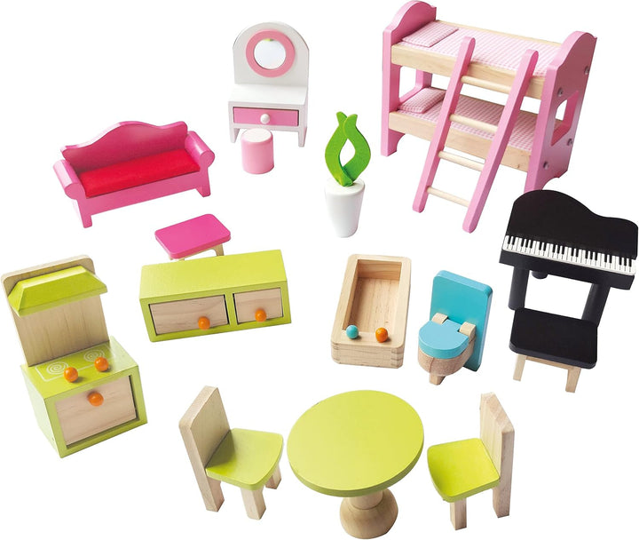 Bino World of Toys Casă de păpuși cu balcon, Jucărie pentru copii mici de la 3 ani, cu 3 etaje, scări, 4 camere și balcon incl. 15-TLG. Accesorii, Pentru a promova abilitățile copiilor, Design roz