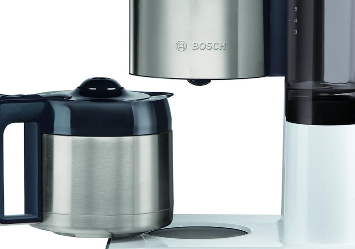 Bosch filtru de cafea Styline TKA8A681, senzor de aromă, cană termo din oțel inoxidabil 1,1 L, pentru 8-12 cești, oprire automată, sistem de detartrare, opritor de picurare, rezervor de apă detașabil (1 L), 1100 W, alb