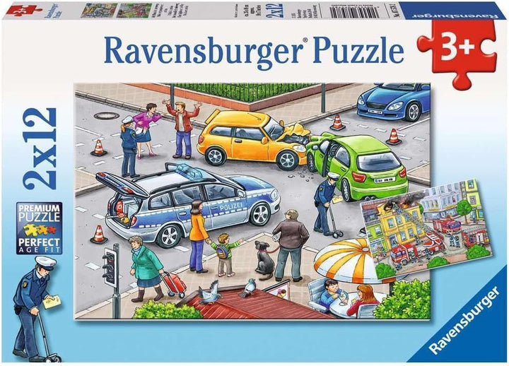 Ravensburger Puzzle pentru copii - 07574 Poliția și pompierii - Puzzle pentru copii de la 3 ani, cu 2X12 piese