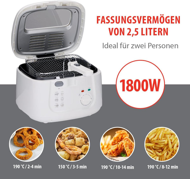 Alpina Friteuse 2,5L DF-165 - Friteuse Mit Fett 1800W - Einstellbare Temperatur Bis 190°C - Für 2 Bis 3 Personen - Mit Antihaftbeschichtung Und Kontrollleuchte - Weiß, Weiss