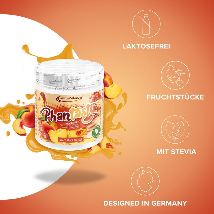 Ironmaxx Phantasty - Creamy Peach 250G Dose | Veganes Geschmackspulver Mit Echten Frucht- Oder Nussstückchen | Perfekter Zuckerersatz