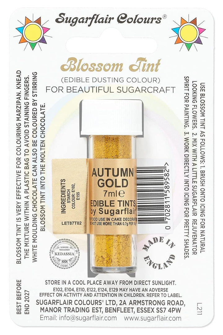 Sugarflair Blossom Tint Dust Lebensmittelfarbe Pulver Autumn Gold - Lebensmittel Farbe Pulver Zur Dekorationen Farbzuckerpaste, Fondant, Zuckerguss, Schokolade, Buttercreme, Macarons - 7Ml