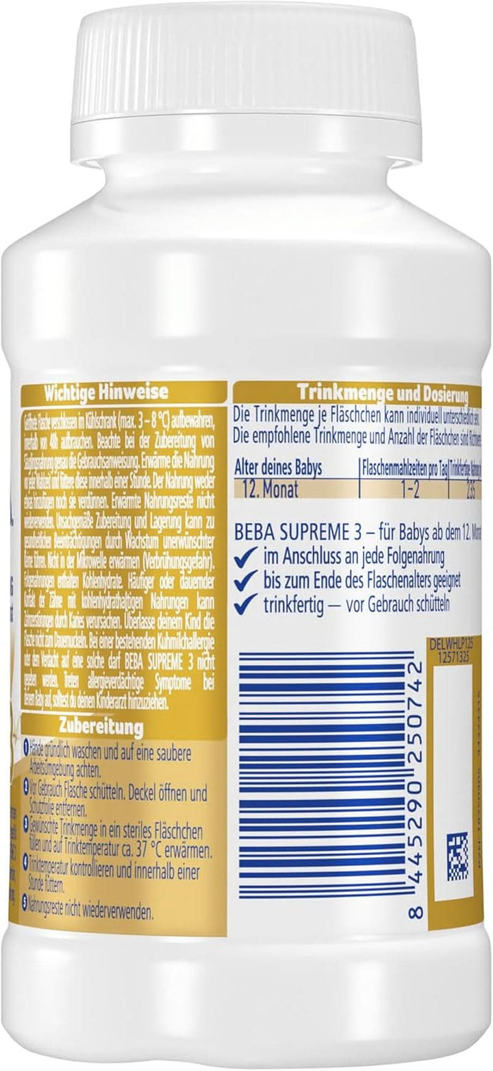 Nestlé BEBA SUPREME 3 Folgenahrung: Ab Dem 12. Monat, Trinkfertig, Im Anschluss an Das Stillen, 8Er Pack Fläschchen (8 X 200Ml)