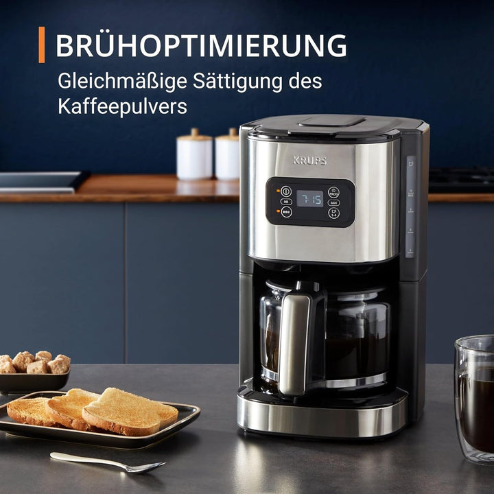 Cafetieră cu filtru programabil Krups KM480D Excellence din oțel inoxidabil, cronometru de 24 de ore, cap de apă pentru selectarea puterii de preparare, mod de preinfuzie, sistem anti-picurare, capacitate 1,25 litri, 15 cești