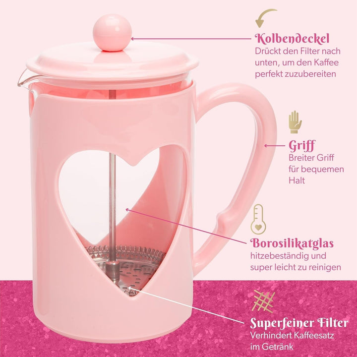 Paris Hilton - Presă franceză în formă de inimă 1 litru - Presă de cafea din sticlă și plastic cu filtru din oțel inoxidabil, mâner cool-touch, fără picurare, rezistent la temperatură, roșu sau roz