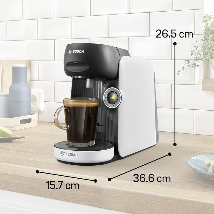 Mașină de cafea cu capsule Bosch Tassimo Finesse TAS16B4 Mașină de cafea By, 70 de băuturi, cafea mai intensă la apăsarea unui buton, oprire automată, dozare perfectă, economie de spațiu, 1400 W, 0,7L, alb / gri închis