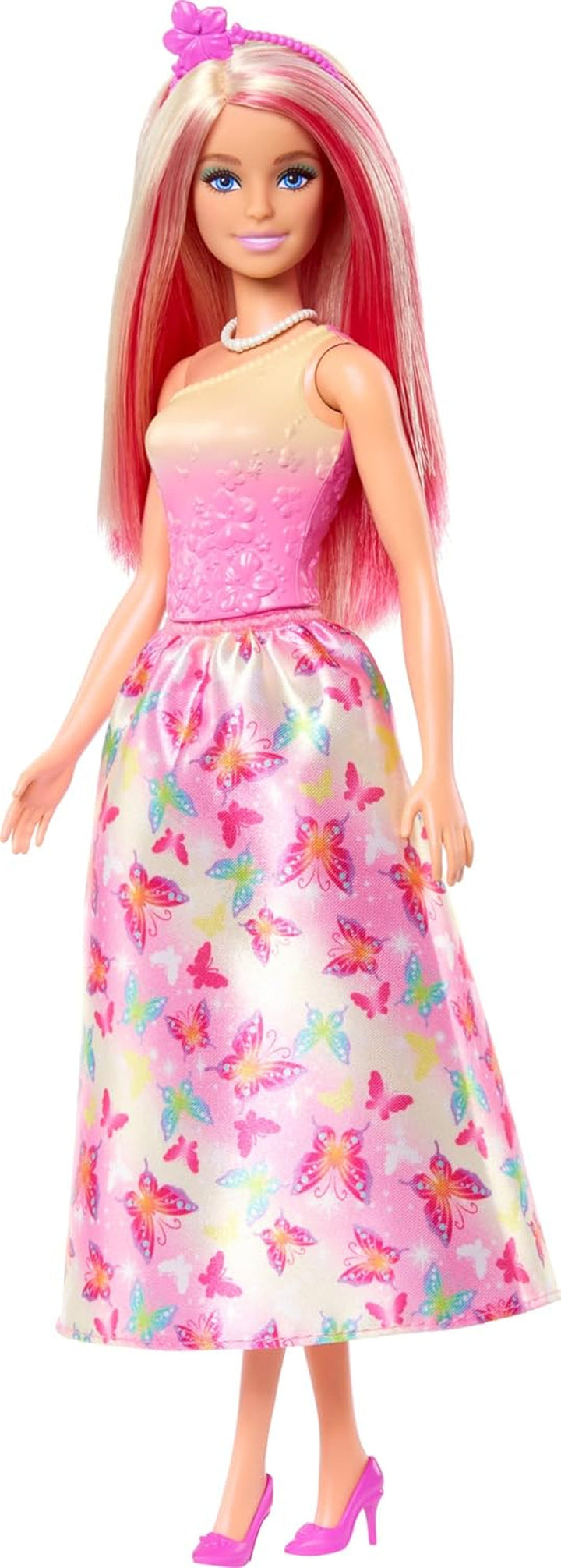 Păpușă Barbie Royal cu păr fantezist blond și roz, accesorii colorate, top roz cu gradient și fustă cu model fluture, HRR08