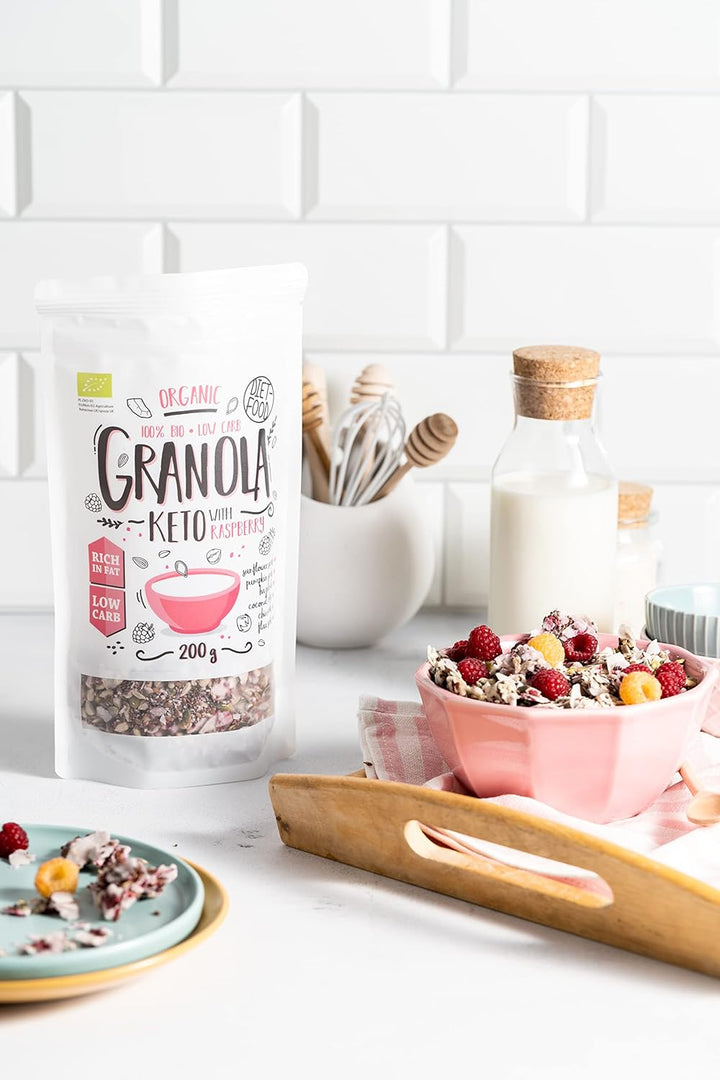 DIET-FOOD Keto Granola Mit Himbeere Low Carb Und Fettarm Glutenfreies Granola Frühstücksmüsli Non-Gmo Snack Ohne Zuckerzusatz 200G 1Er Pack