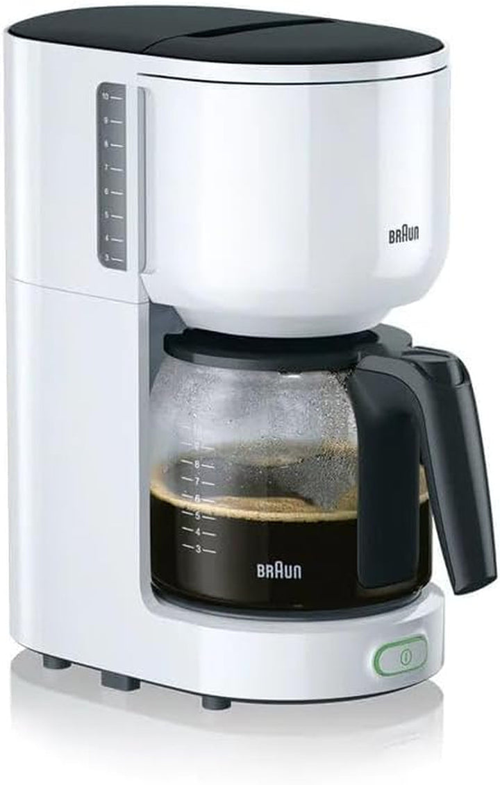 Cafetiera Braun Purease KF 3120 WH - Cafetieră cu filtru cu ulcior din sticlă pentru 10 cești de cafea, cafetieră pentru o aromă unică, filtru de apă integrat, 1000 wați, alb
