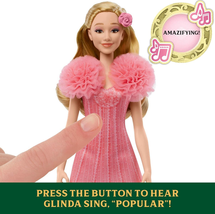 Mattel Singing Glinda Fashion Doll din Wicked și accesorii, mobilă și cu aspect inspirat din film și ținută detașabilă, cântă "Hotly Loved", JLG49, roz