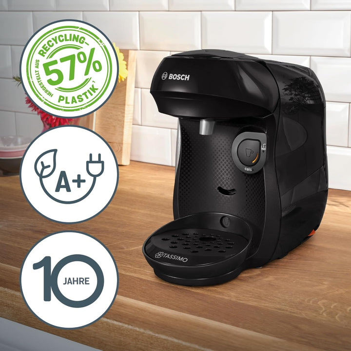Espressor cu capsule Bosch Tassimo Happy Friendly TAS102EA, Peste 70 de băuturi, Potrivit pentru toate tipurile de cești, Oprire automată, Sustenabil, Include tablete de detartrare, Economie de spațiu, 1400 W, Negru