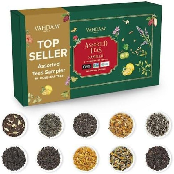 VAHDAM, set cadou cu sortimente de ceai - set de 10 ceaiuri | Ingrediente 100% naturale | Set cadou cu ceai vrac | Ceai negru, ceai verde, ceai Oolong, ceai Chai, ceai alb | Ceai vrac | Set cadou cu set de ceaiuri de probă